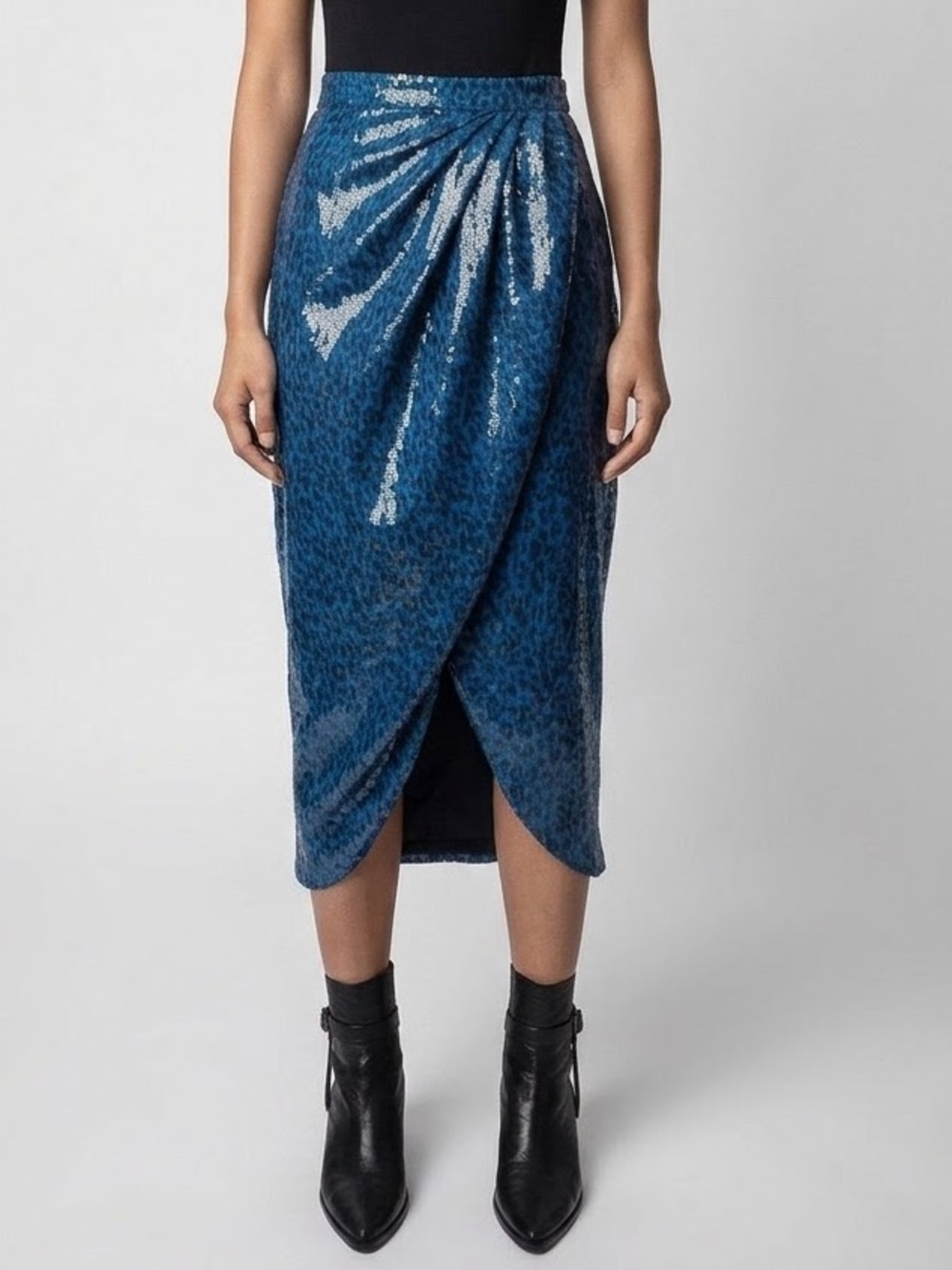 NWT Zadig & Voltaire Jamelia Sequins Leopard Azul Blue Midi Skirt Sz 42